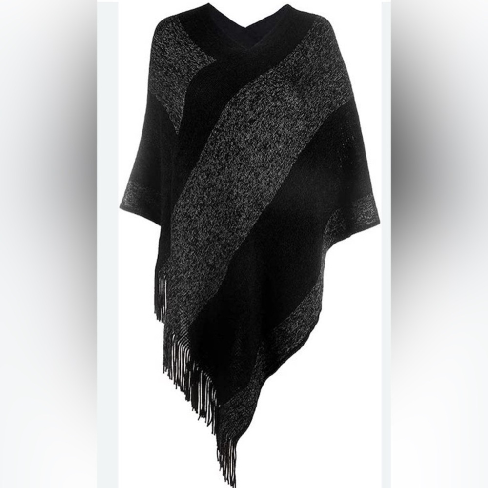 Black and Gray Wool Blend Scarf with Fringe